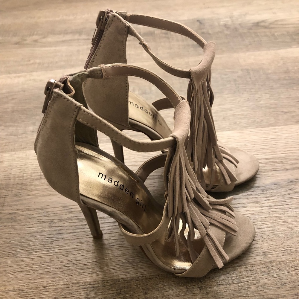 Nude Boho tasseled Madden girl heels.